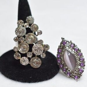 Glam Lavender/Clear Rhinestone Silver Tone Metal 2pc Adjustable Party Rings